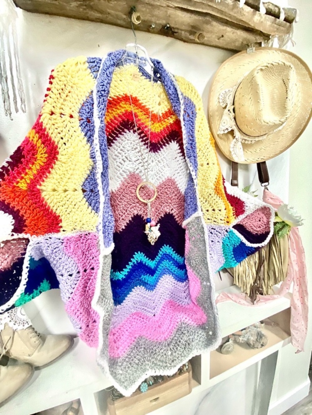 Artisan Chevron unicorn boho Cocoon shrug kimono cover up w cottagecore vibe - Picture 7 of 10